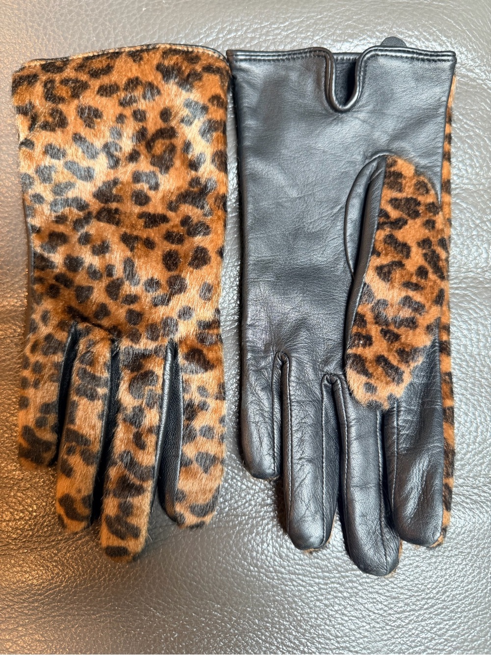Leopard Faux Fur Black Leather Gloves Size Small NWOT